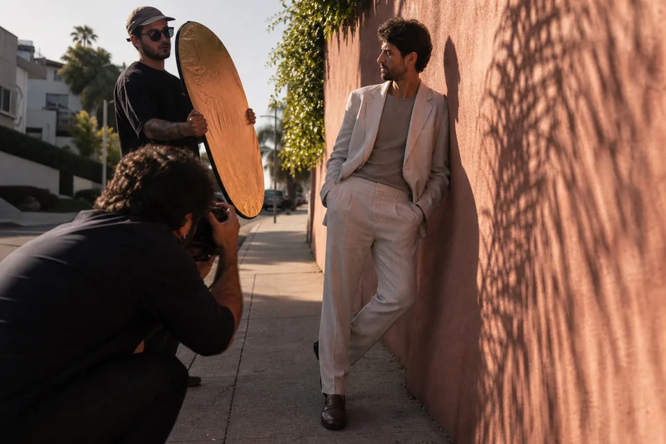 Outdoor fashion shoot against a stucco wall in Los Angeles