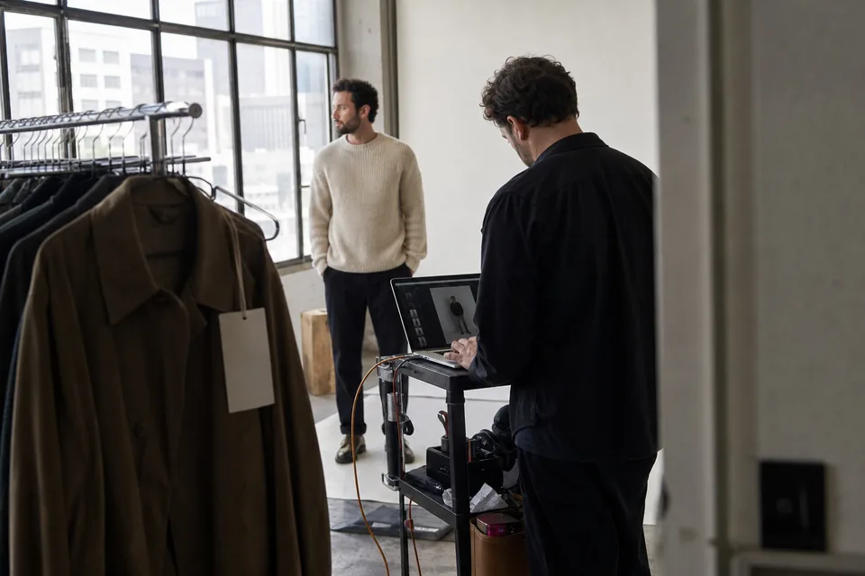 Male model on an e-commerce set in a Los Angeles daylight studio while the art director checks shots on a laptop