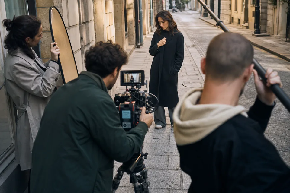 Small production crew setting up with a model on a quiet city sidewalk