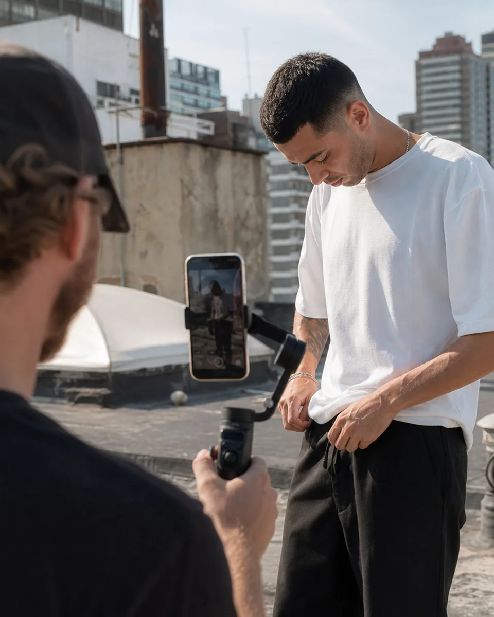 Creator filming a vertical video for a clothing brand on a rooftop